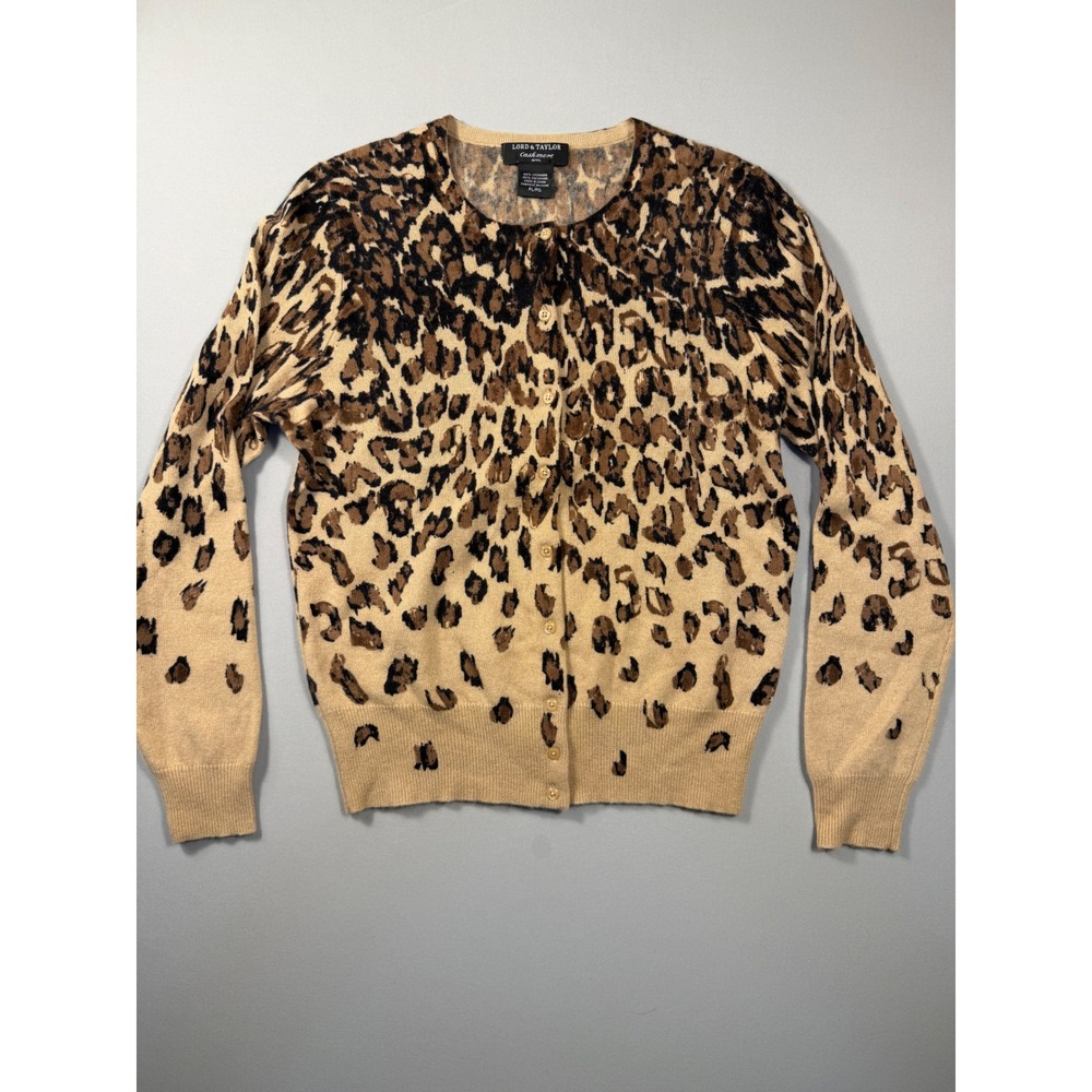 Lord & Taylor Petite Cashmere Cardigan Leopard Animal Print Tan Brown PL